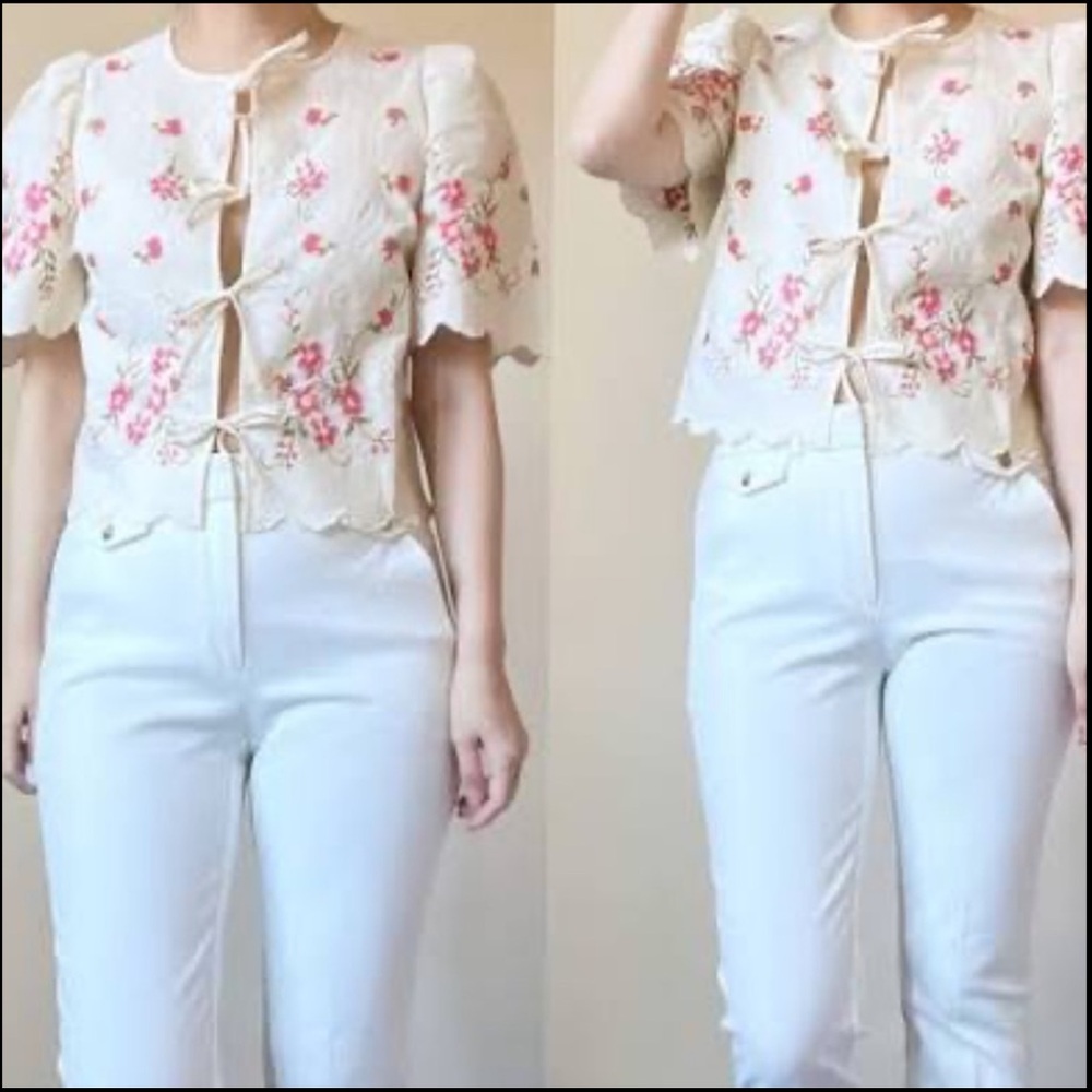 Sezane Zelia Blouse - Sézane X Andion Cream With Pink Floral Embroidery - Picture 3 of 4
